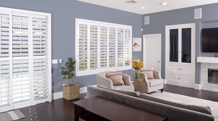 Faux Wood Shutters In pretty Clearwater Living Room